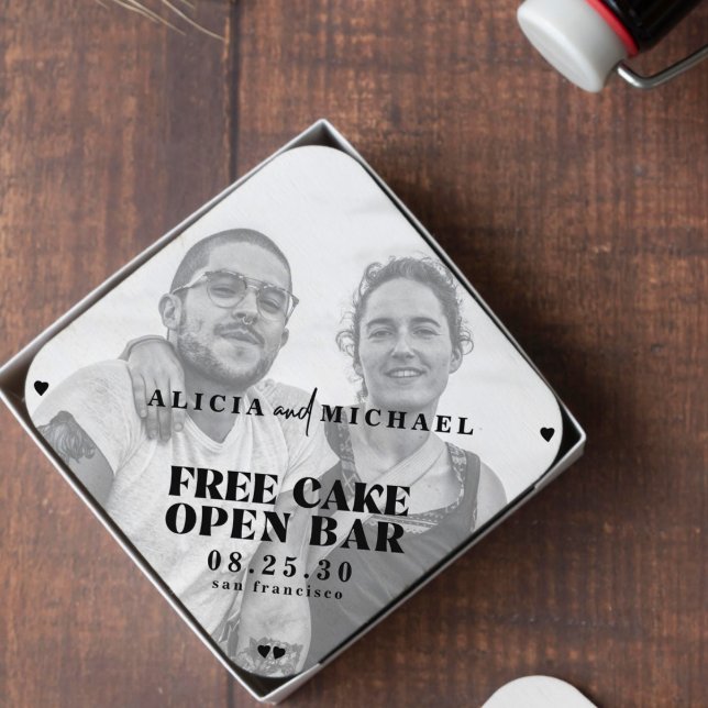 Funny photo open bar wedding save the date paper coaster (Creator Uploaded)