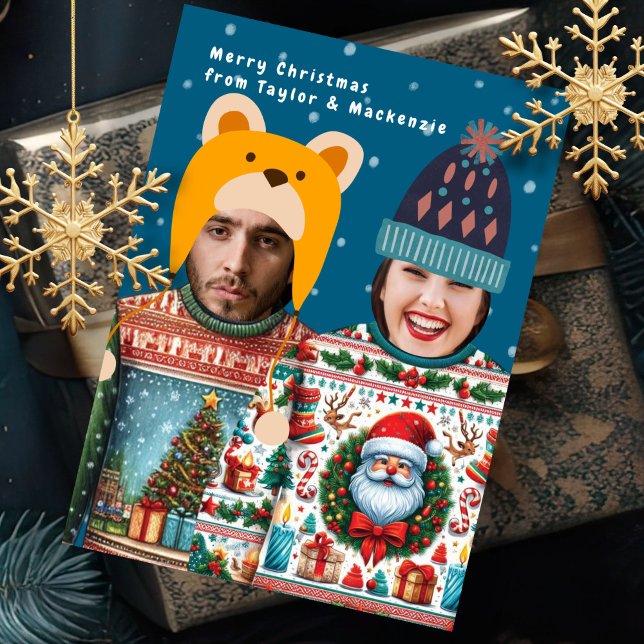 Funny Photo Personalised Christmas Jumper Holiday Card (Funny Photo Personalized Christmas Jumper holiday card by Ricaso. Add your own faces to fun cards)