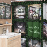 Funny Photo Personalised Gifts for Husband Green Shower Curtain<br><div class="desc">Transform your daily routine into a laughter-filled adventure with our Funny Photo Personalised Gifts for Husband Green Shower Curtain. Against a captivating forest green vintage backdrop, this curtain showcases eight cherished photos, each depicting special moments of your favourite couple's activities. With nine customisable text spaces, you can add your dose...</div>