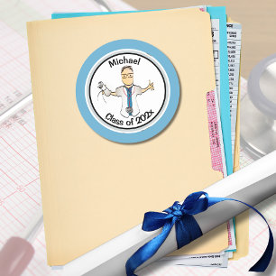 Funny Physician Doctor Cartoon Blue Graduation  Classic Round Sticker