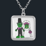 Funny Pickle Bride and Groom Wedding Art Silver Plated Necklace<br><div class="desc">Wonderful fun bride and groom pickle wedding original art design.  Can also add custom text and change background colour when ordering.</div>