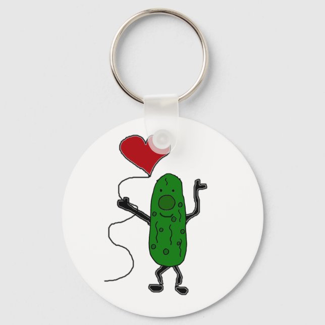 Funny Pickle is Holding Red Heart Balloon Key Ring (Front)