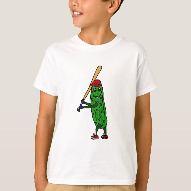 Funny Pickle Playing Baseball Cartoon T-Shirt (Front)