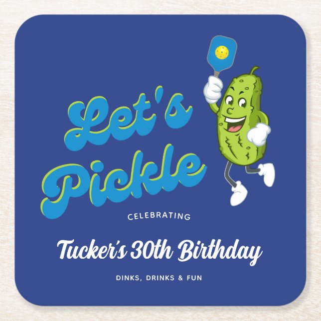Funny Pickle Playing Pickleball Custom Text Square Paper Coaster (Front)