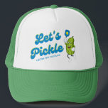 Funny Pickle Playing Pickleball Custom Text Trucker Hat<br><div class="desc">A super fun pickleball hat featuring a funny cartoon pickle holding a Pickleball Paddle and a cool font that reads "Let's Pickle" Add your custom text - player name, team name, club name, etc. Great for a pickleball tournament, birthday party, pickleball club party or everyday fun. Pickleball - the best...</div>