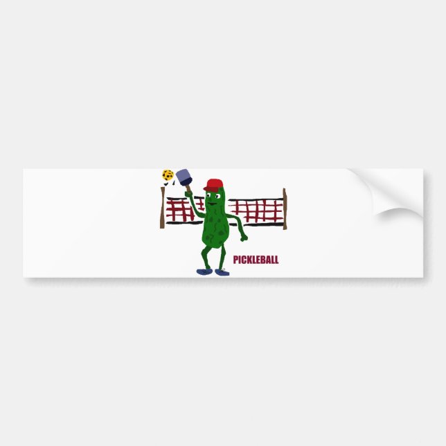 Funny Pickle Playing Pickleball with Net Art Bumper Sticker (Front)