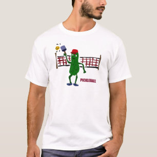Funny Pickle Playing Pickleball with Net Art T-Shirt