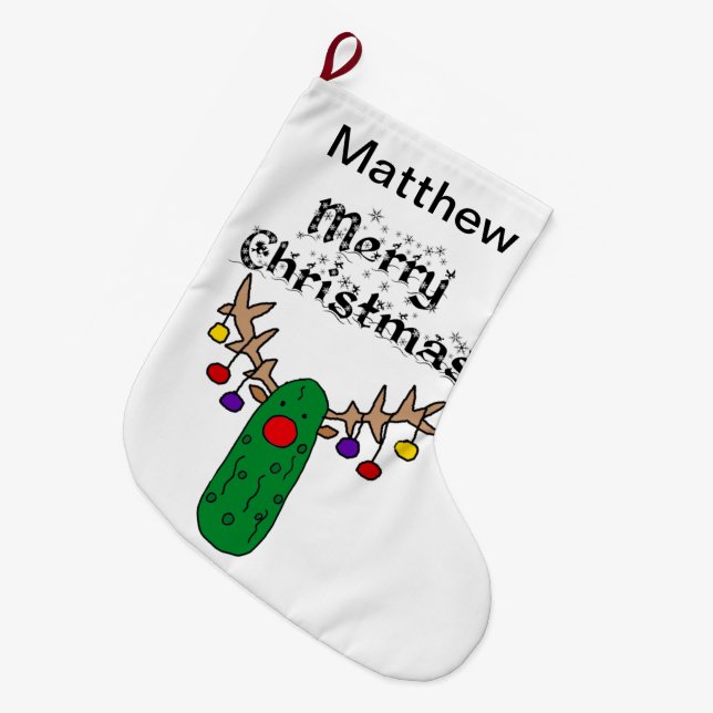 Funny Pickle Reindeer Merry Christmas Art Large Christmas Stocking (Front (Hanging))