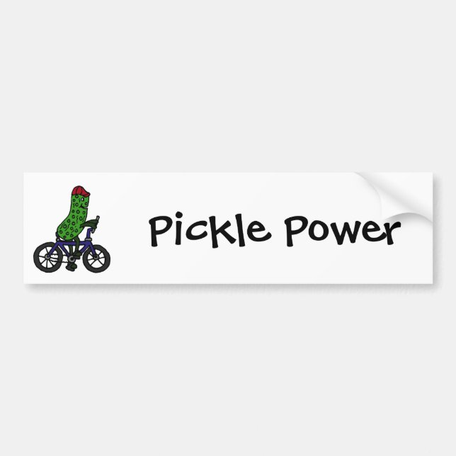 Funny Pickle Riding Bicycle Cartoon Bumper Sticker (Front)