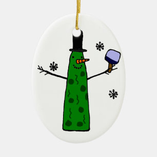 Funny Pickle Snowman Holding Pickleball Paddle Ceramic Tree Decoration