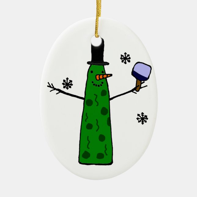 Funny Pickle Snowman Holding Pickleball Paddle Ceramic Tree Decoration (Front)
