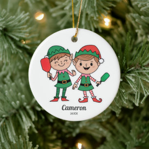 Funny Pickleball Christmas Elves, Add Photo Text Ceramic Tree Decoration