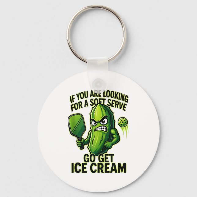 Funny pickleball lover pun with a pickle playing key ring (Front)