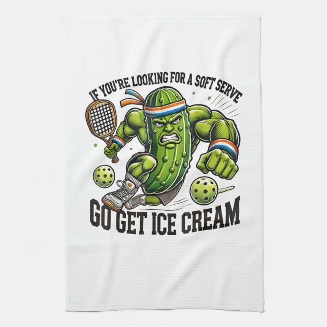 Funny Pickleball Lover Pun with a Pickle Playing Tea Towel (Vertical)