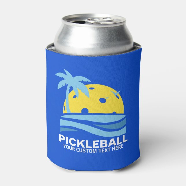 Funny Pickleball Palm Tree Sun Custom Text Can Cooler (Can Front)