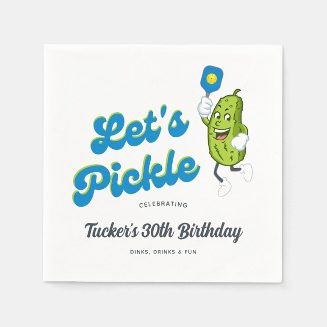 Funny Pickleball Party Cartoon Pickle Playing Napkin (Front)