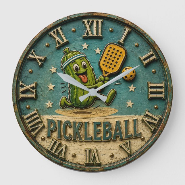Funny Pickleball Pickle Cute Cartoon Player Gift Large Clock (Front)