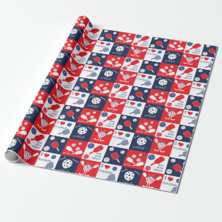 Funny Pickleball Red White Blue Pattern   Wrapping Paper