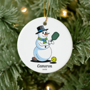 Funny Pickleball Snowman, Add Custom Photo & Text Ceramic Tree Decoration