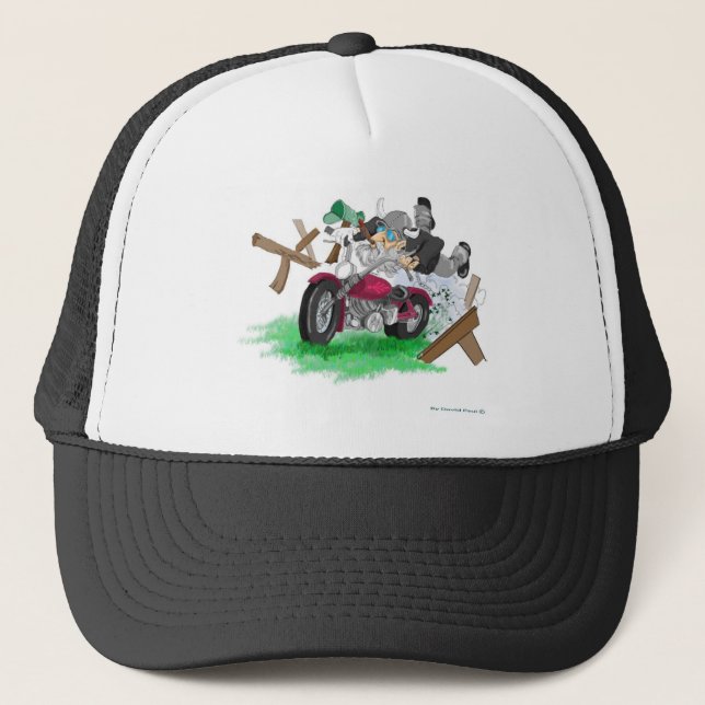 Funny picture of man on motorcycle crashing trucker hat (Front)