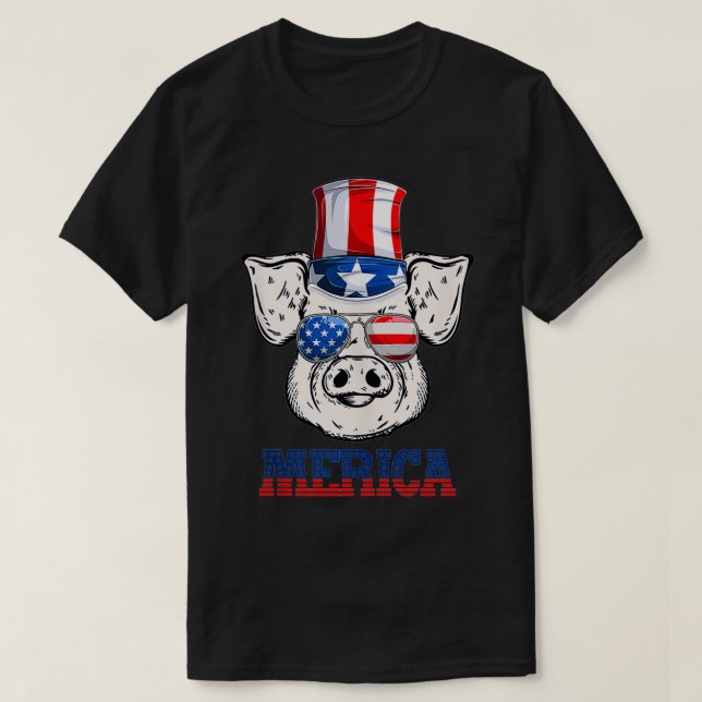 Funny Pig 4th of July Patriotic American Flag Sung T-Shirt (Design Front)
