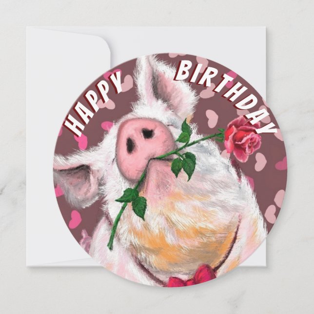 Funny Pig Birthday Card Romantic Piggy with Rose (Front)