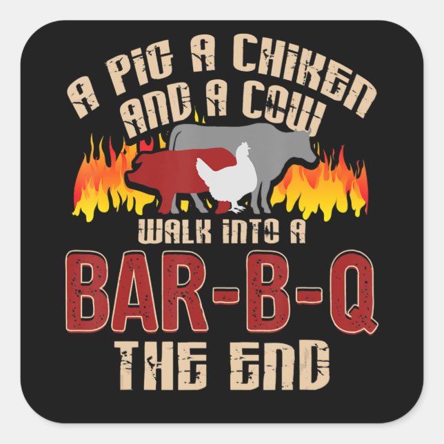Funny Pig Chicken Cow Bar B Q Bbq Chef Cookie Cook Square Sticker (Front)