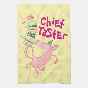 Funny Pig Chief Taster Giant Sponge Cake Cartoon Tea Towel