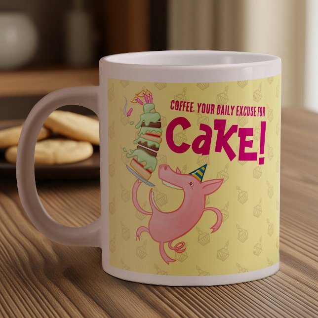 Funny Pig Coffee Daily Excuse For Cake Cartoon Large Coffee Mug (Creator Uploaded)