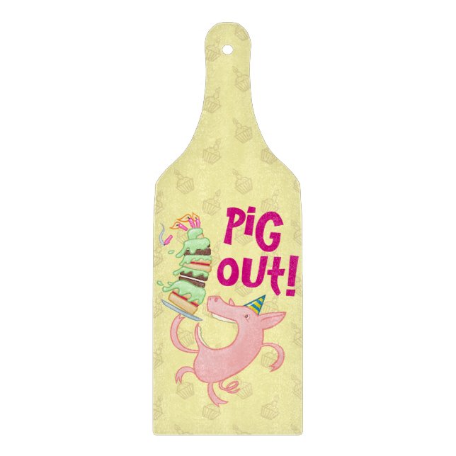 Funny Pig Eating Birthday Cake Pig Out! Cartoon Cutting Board (Front)
