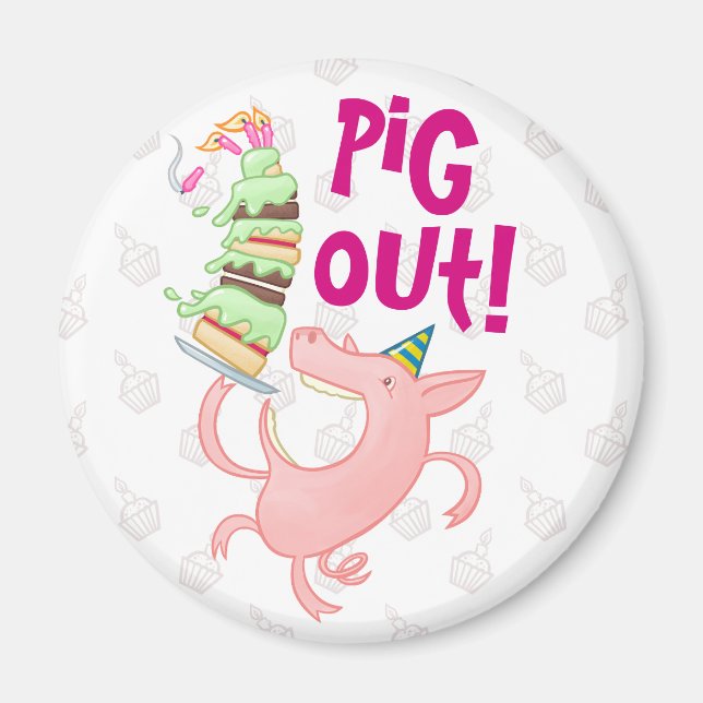 Funny Pig Eating Birthday Cake Pig Out! Cartoon Magnet (Front)