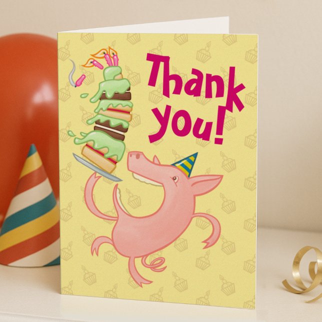 Funny Pig Eating Birthday Cake Thank you! Cartoon You Card (Creator Uploaded)