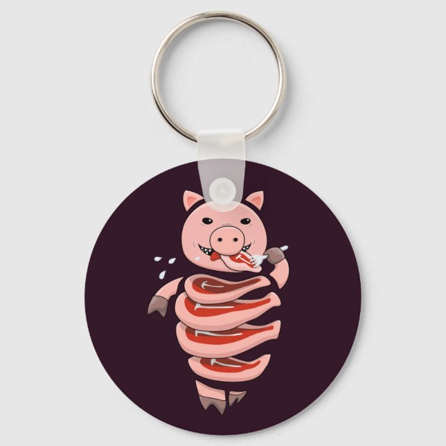 Funny Pig Eating Steaks From Itself Key Ring (Front)