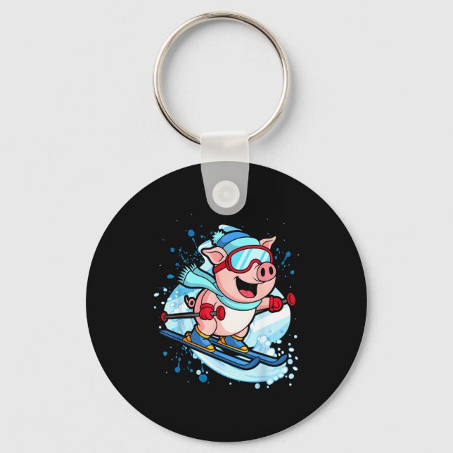 Funny pig go skiing design winter holidays  key ring (Front)