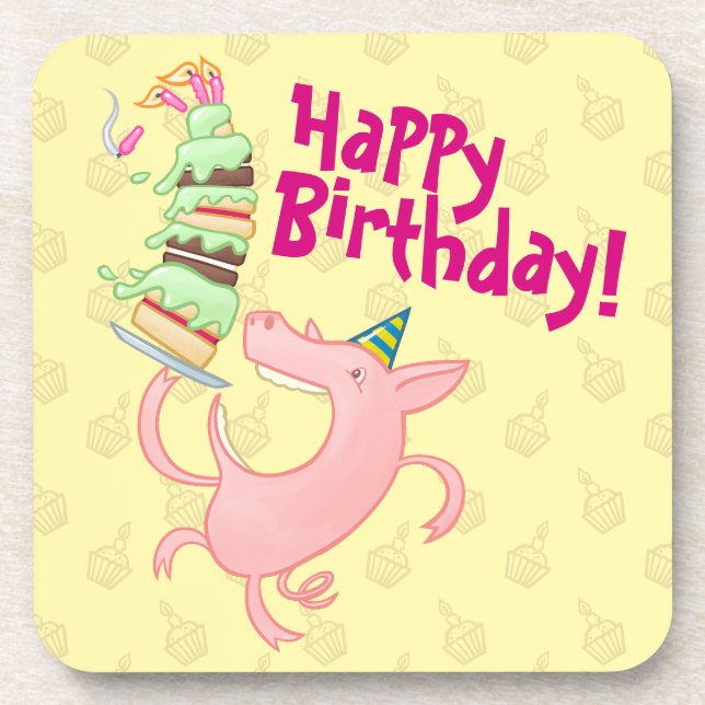 Funny Pig Happy Birthday! Giant Layer Cake Cartoon Coaster (Front)