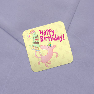 Funny Pig Happy Birthday! Giant Layer Cake Cartoon Square Sticker