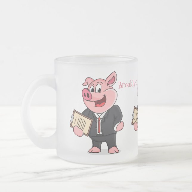 Funny pig in business suit cartoon frosted glass coffee mug (Left)