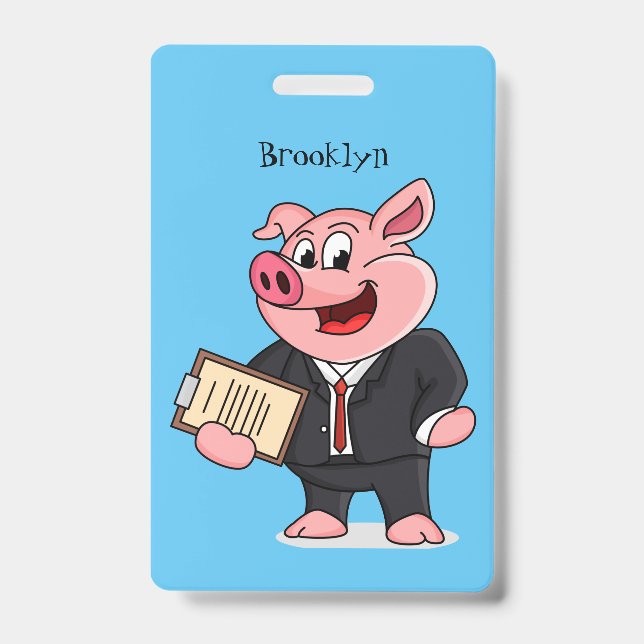 Funny pig in business suit cartoon ID badge (Front)