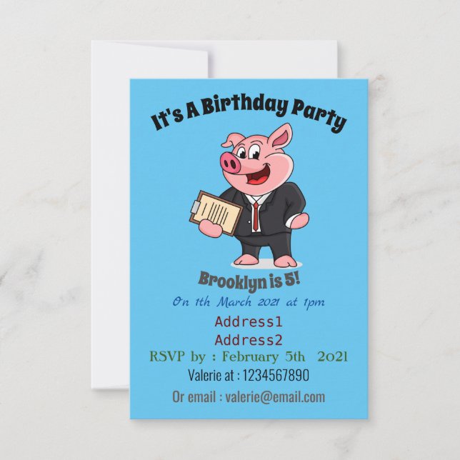 Funny pig in business suit cartoon invitation (Front)