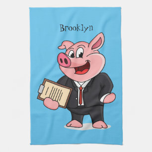 Funny pig in business suit cartoon tea towel