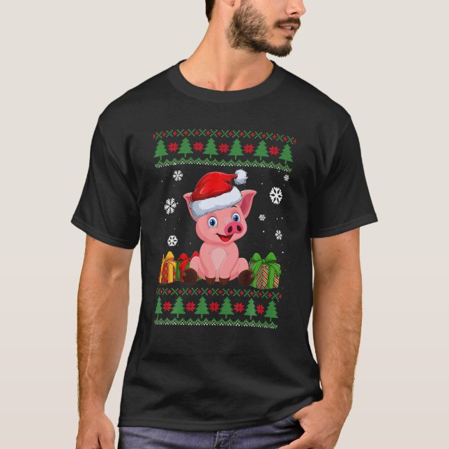 Funny Pig Lovers Cute Pig Santa Hat Ugly Christmas T-Shirt (Front)