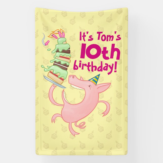 Funny Pig Name & Age Birthday Party Cake Cartoon Banner (Vertical)