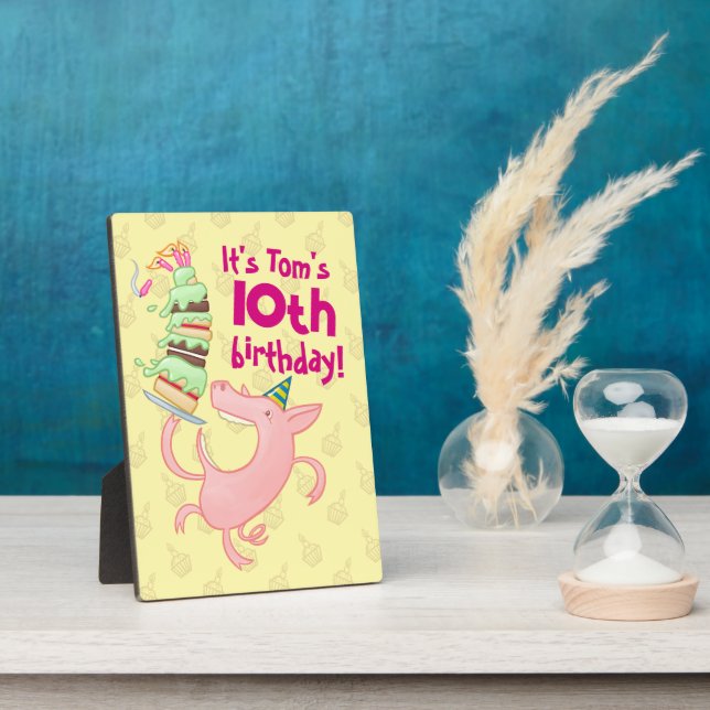 Funny Pig Name & Age Birthday Party Cake Cartoon Plaque (Side)