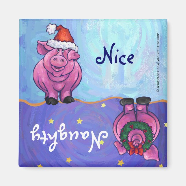 Funny Pig Naughty Nice Holiday Magnet (Front)