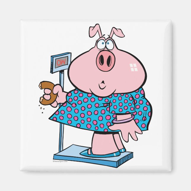 funny pig on a diet eating a doughnut on a scale magnet (Front)