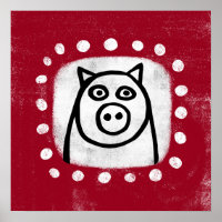 Funny Pig On Red Poster Wall Art