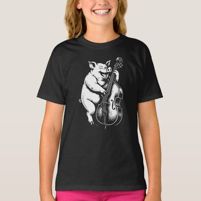 funny pig plays double bass in jazz band  T-Shirt (Front)