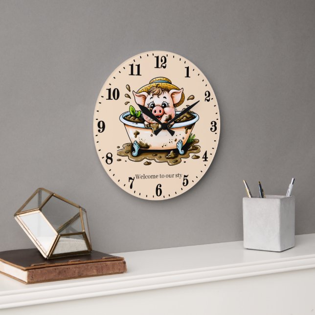 Funny pig sty add text bathroom large clock (Office)