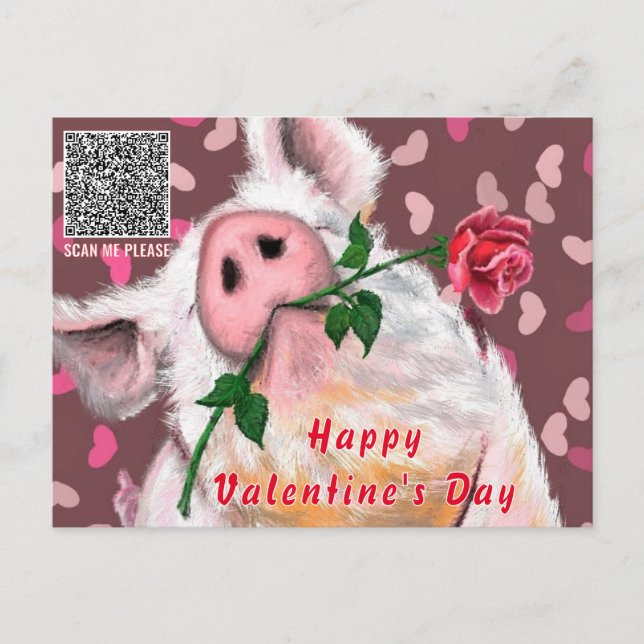 Funny Pig Valentine's Day Card with QR Code (Front)