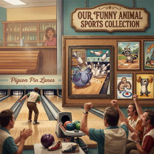 Funny Pigeon Bowling Strike Cartoon Art Poster